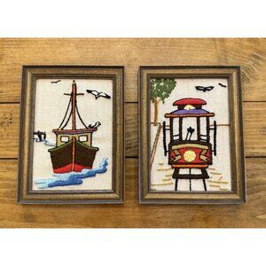 Vintage 2pc Set 70s Needlepoint Art 5x7 Retro Framed Boat Cable Car Tapestry MCM